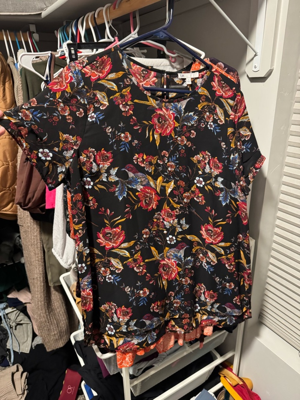 DR2 Black Floral Short-Sleeve Blouse with Red & Gold Floral Accents